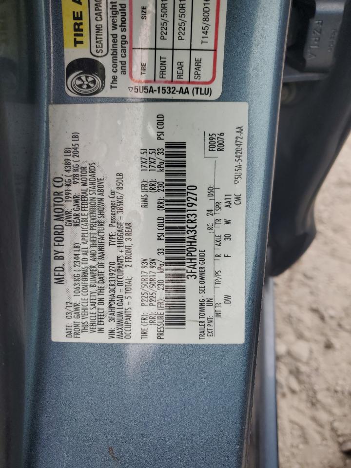 2012 Ford Fusion VIN 3FAHP0HA3CR319270 Copart auction photo, front end damage thumbnail 12