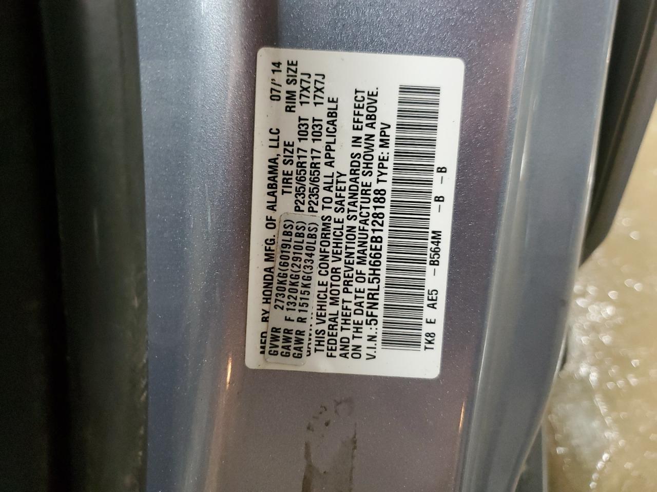 2014 Honda Odyssey VIN 5FNRL5H66EB128188 Copart auction photo, rear end damage thumbnail 13