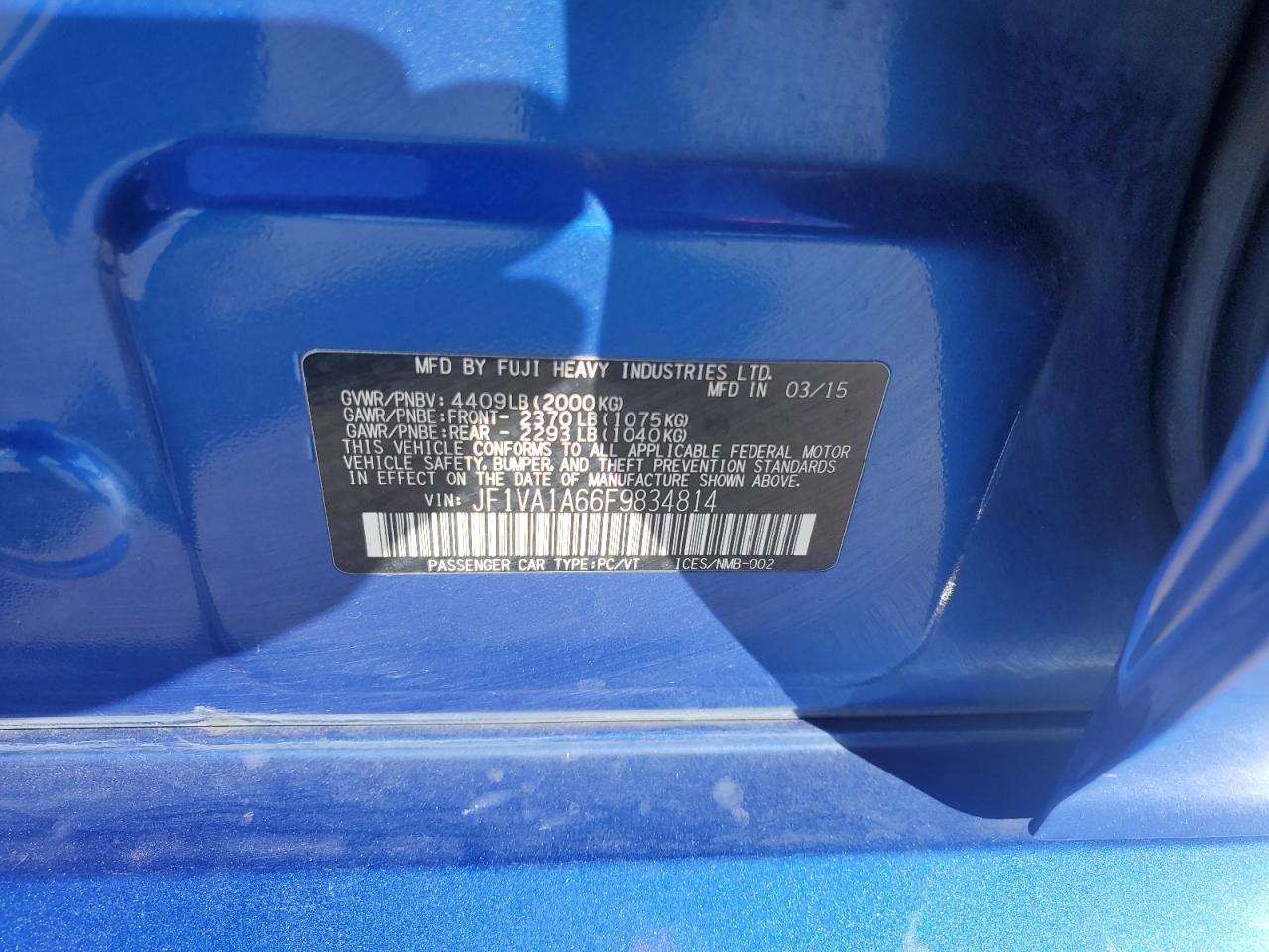 2015 Subaru WRX VIN JF1VA1A66F9834814 Copart auction photo, rear end damage thumbnail 14