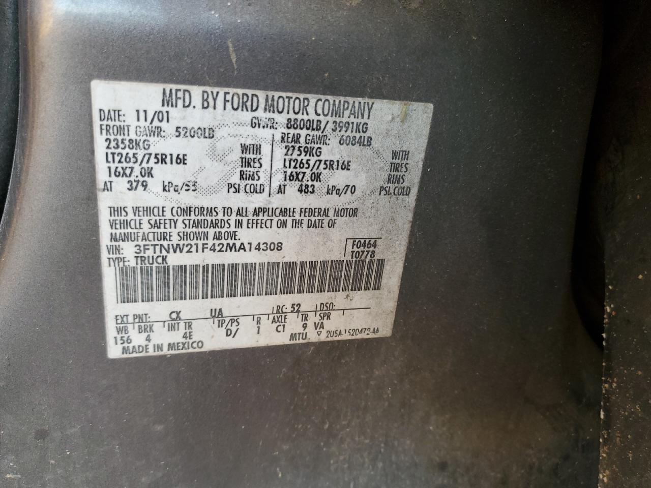 2002 Ford F250 VIN 3FTNW21F42MA14308 Copart auction photo, rear end / front end damage thumbnail 14