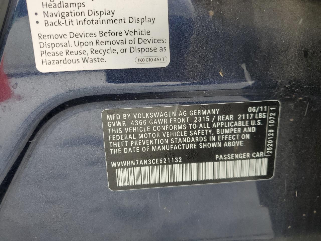 2012 Volkswagen Passat CC VIN WVWHN7AN3CE521132 Copart auction photo, front end damage thumbnail 12
