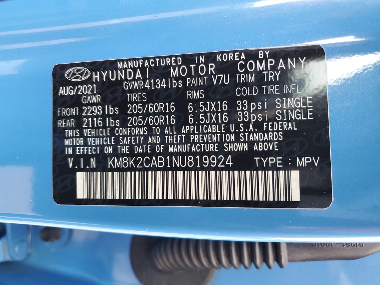 2022 Hyundai Kona VIN KM8K2CAB1NU819924 Copart auction photo, front end / rear end damage thumbnail 13