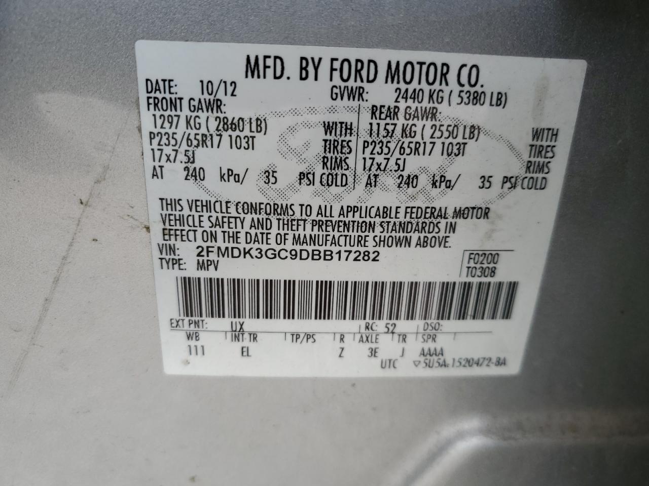 2013 Ford Edge VIN 2FMDK3GC9DBB17282 Copart auction photo, front end damage thumbnail 13