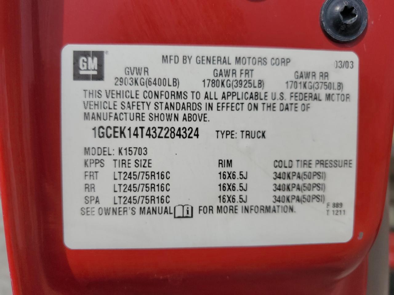 2003 Chevrolet Silverado VIN 1GCEK14T43Z284324 Copart auction photo, side damage thumbnail 12