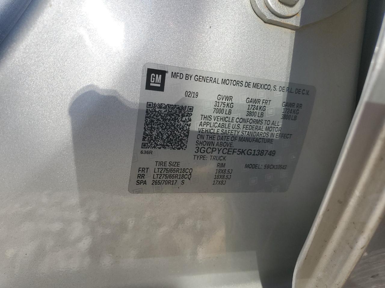 2019 Chevrolet Silverado VIN 3GCPYCEF5KG138749 Copart auction photo, front end / rear end damage thumbnail 12