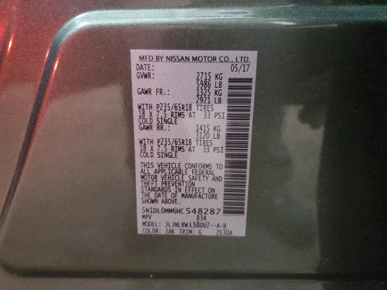 2017 Infiniti QX60 VIN 5N1DL0MM6HC548287 Copart auction photo, side damage thumbnail 13