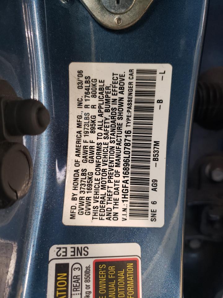 2006 Honda Civic VIN 1HGFA16896L078716 Copart auction photo, front end damage thumbnail 12