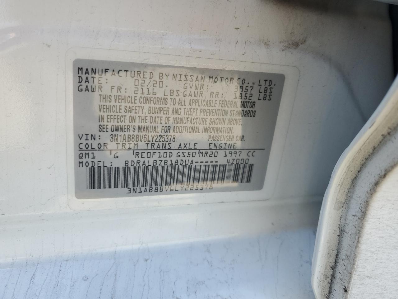 2020 Nissan Sentra VIN 3N1AB8BV6LY225378 Copart auction photo, front end damage thumbnail 15