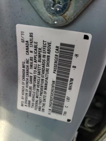 2012 Honda Civic VIN 2HGFB2F52CH516168 Copart auction photo, rear end damage thumbnail 12