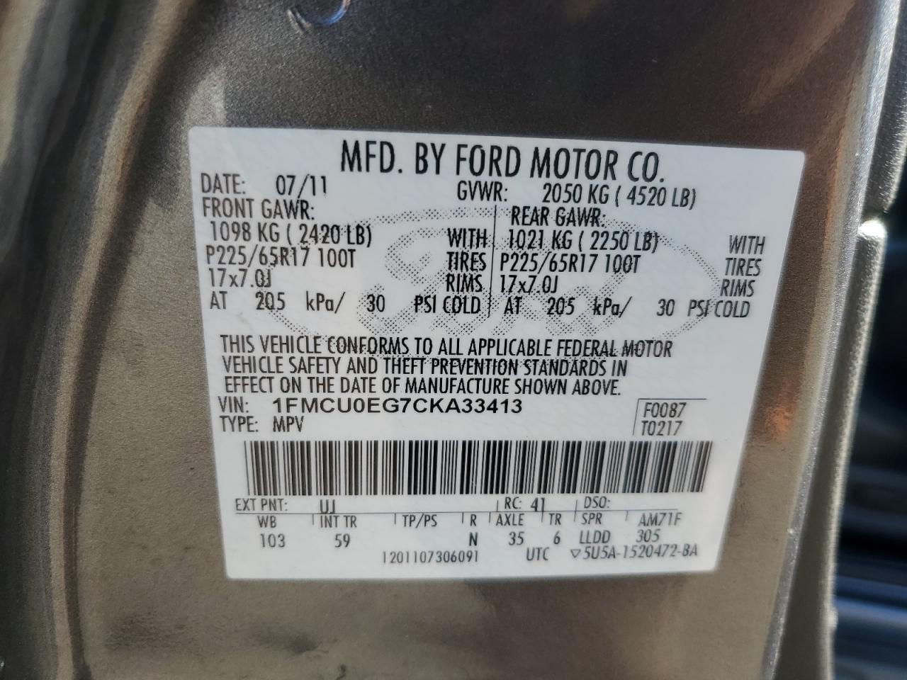 2012 Ford Escape VIN 1FMCU0EG7CKA33413 Copart auction photo, rear end / side damage thumbnail 13