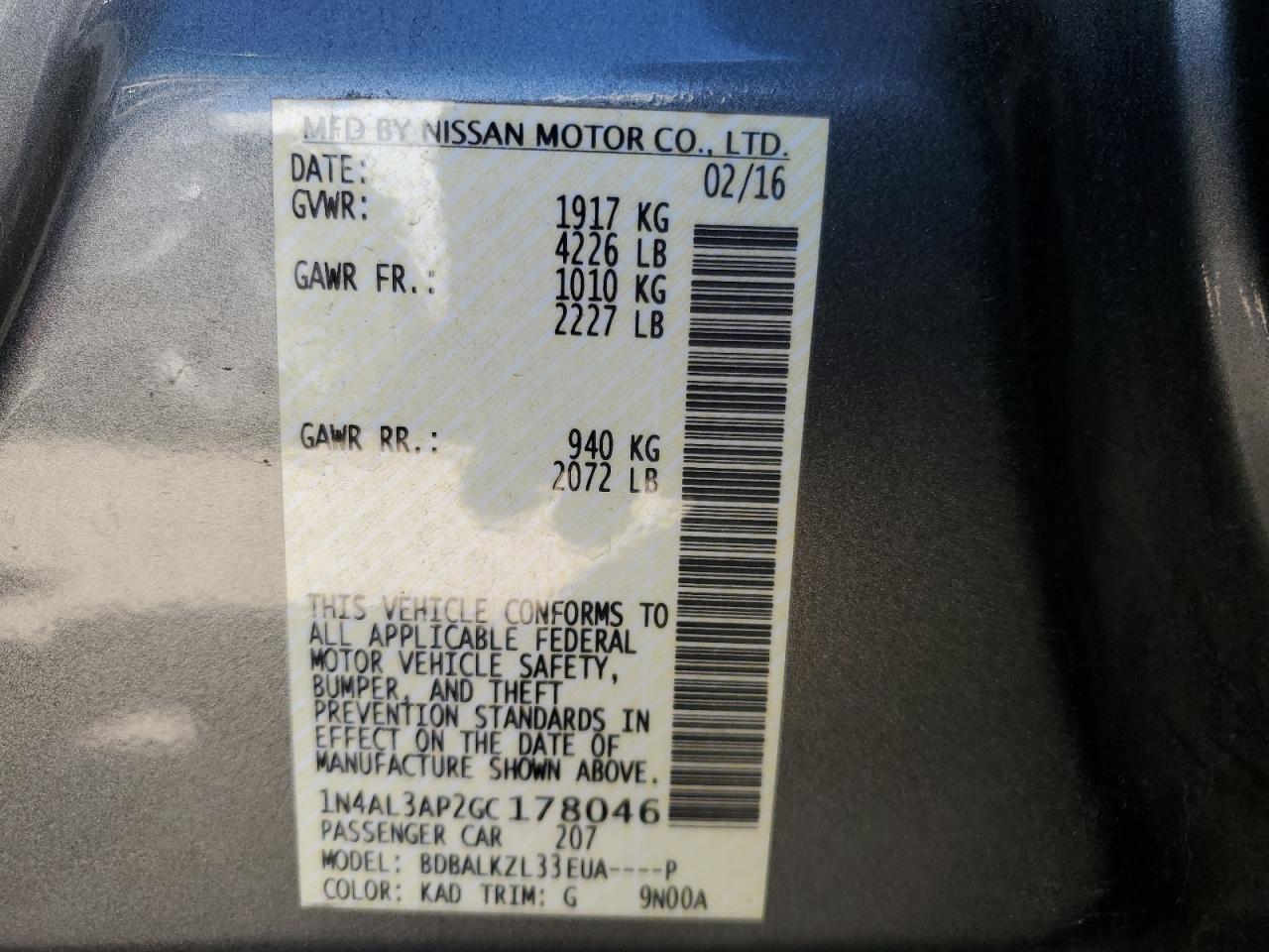 2016 Nissan Altima VIN 1N4AL3AP2GC178046 Copart auction photo, front end / side damage thumbnail 12