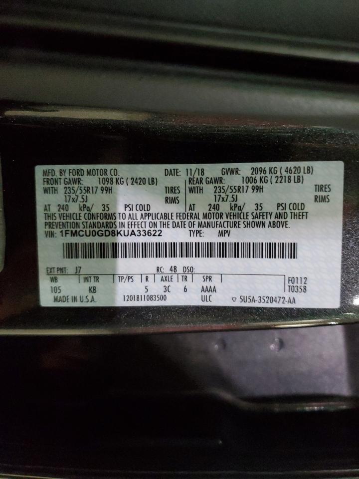 2019 Ford Escape VIN 1FMCU0GD8KUA33622 Copart auction photo, front end / side damage thumbnail 13