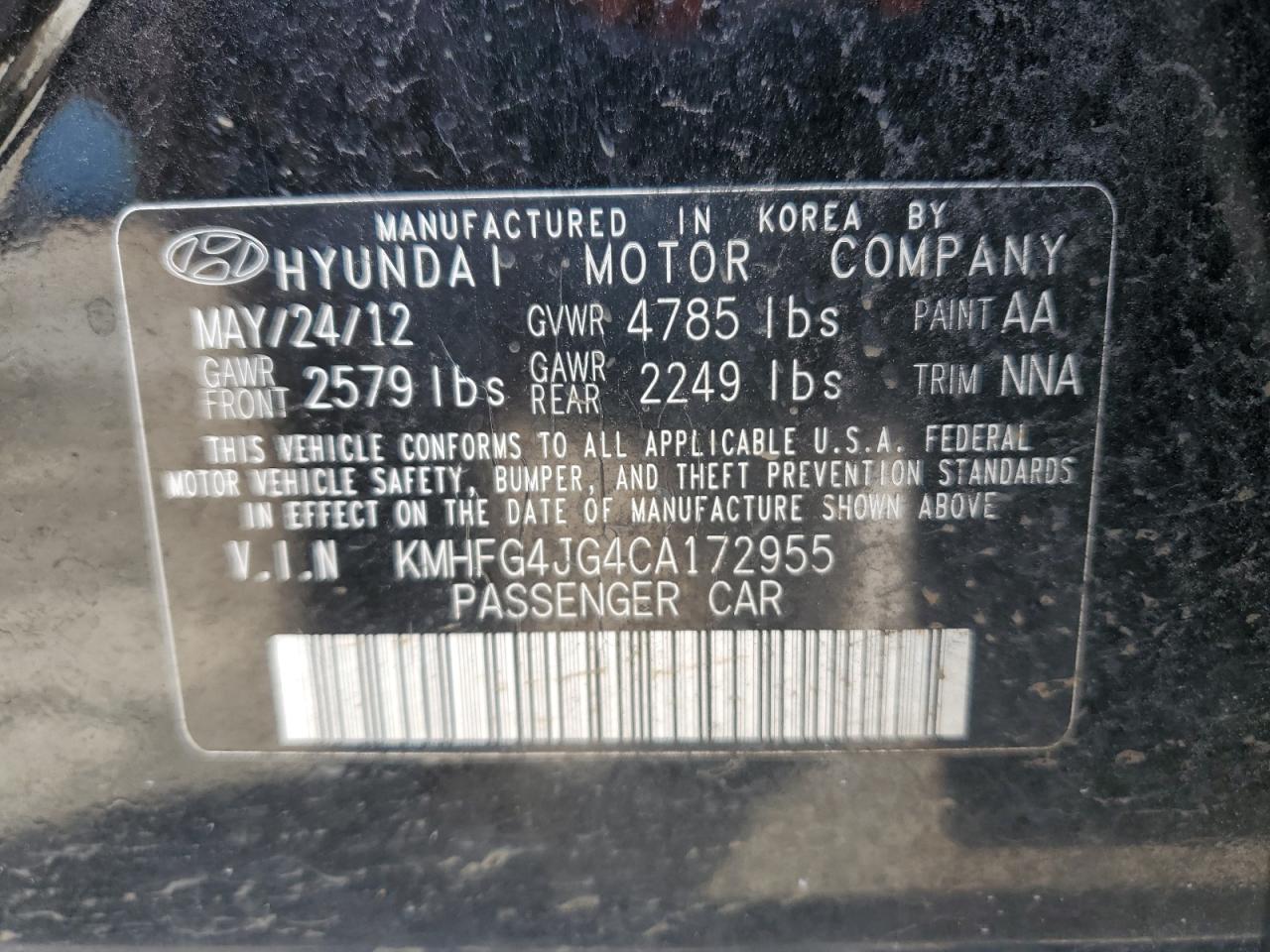 2012 Hyundai Azera VIN KMHFG4JG4CA172955 Copart auction photo, front end damage thumbnail 12