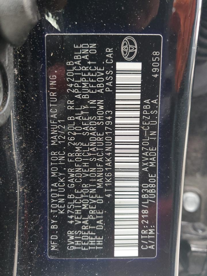2022 Toyota Camry VIN 4T1K61AK4NU017943 Copart auction photo, front end damage thumbnail 12