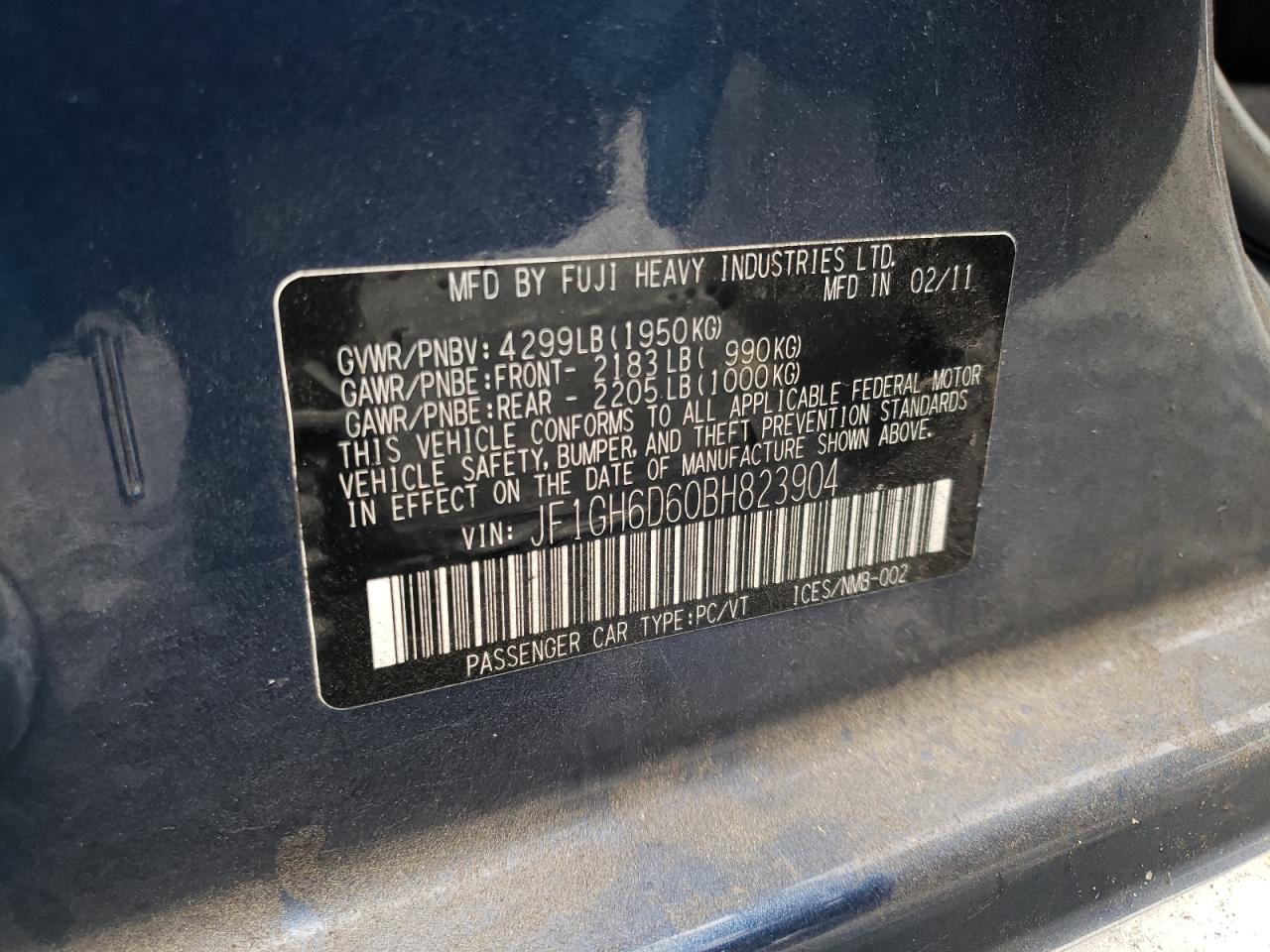 2011 Subaru Impreza VIN JF1GH6D60BH823904 Copart auction photo, front end damage thumbnail 12