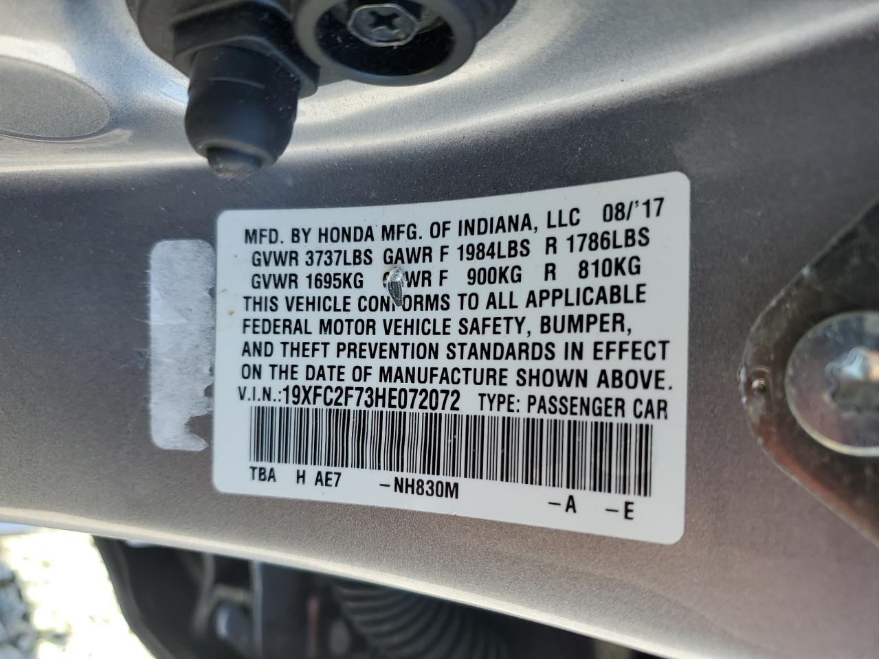 2017 Honda Civic VIN 19XFC2F73HE072072 Copart auction photo, rear end / undercarriage damage thumbnail 15