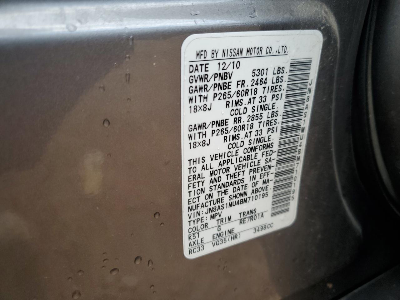 2011 Infiniti FX VIN JN8AS1MU4BM710195 Copart auction photo, front end damage thumbnail 14