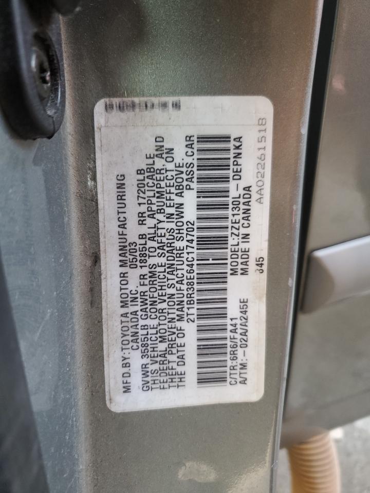 2004 Toyota Corolla VIN 2T1BR38E64C174702 Copart auction photo, rear end / front end damage thumbnail 12