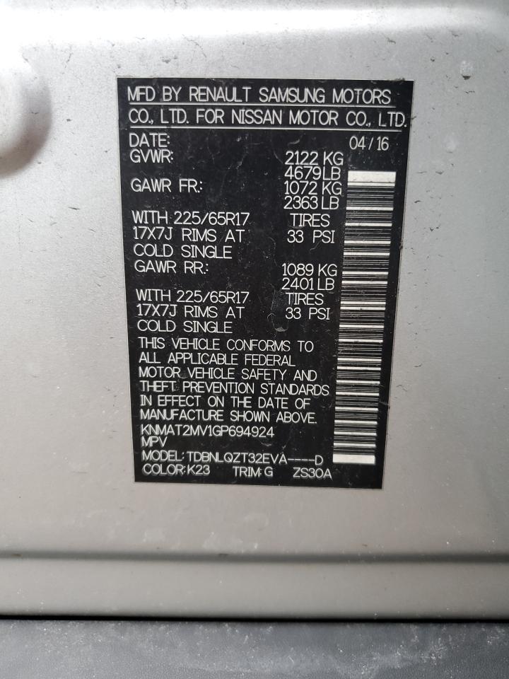 2016 Nissan Rogue VIN KNMAT2MV1GP694924 Copart auction photo, rear end / minor dent/scratches damage thumbnail 13