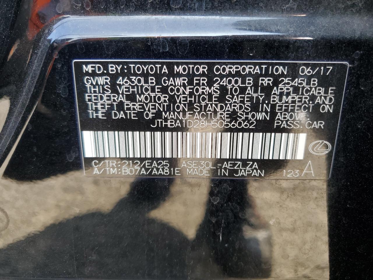 2017 Lexus IS VIN JTHBA1D28H5056062 Copart auction photo, front end damage thumbnail 12