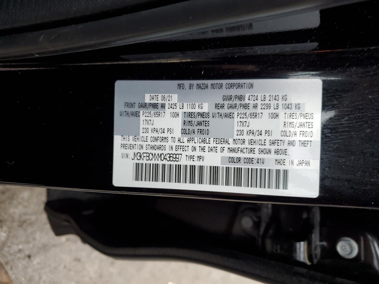 2021 Mazda CX-5 VIN JM3KFBCMXM0436997 Copart auction photo, front end / side damage thumbnail 14