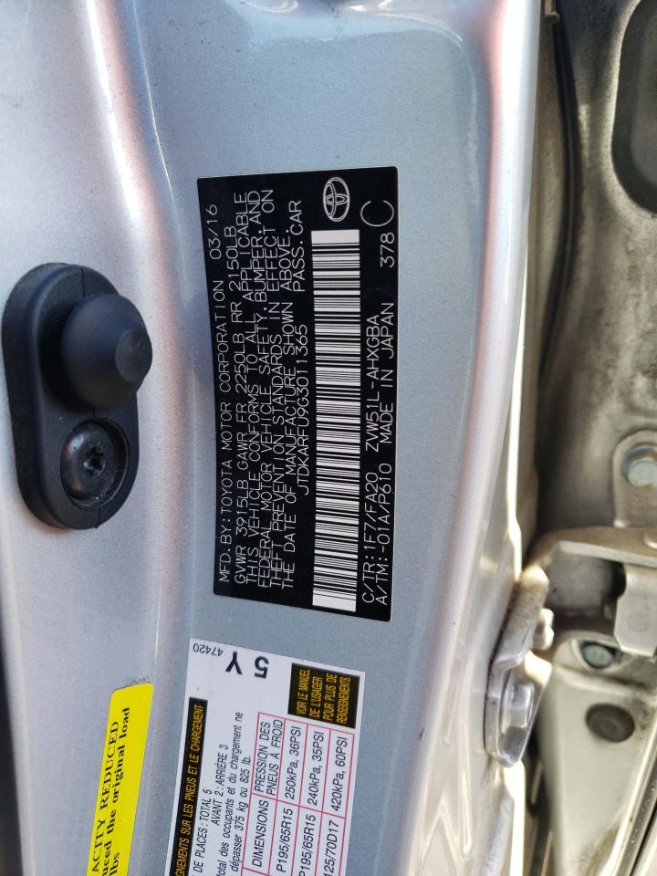 2016 Toyota Prius VIN JTDKARFU9G3011365 Copart auction photo, side / hail damage thumbnail 12