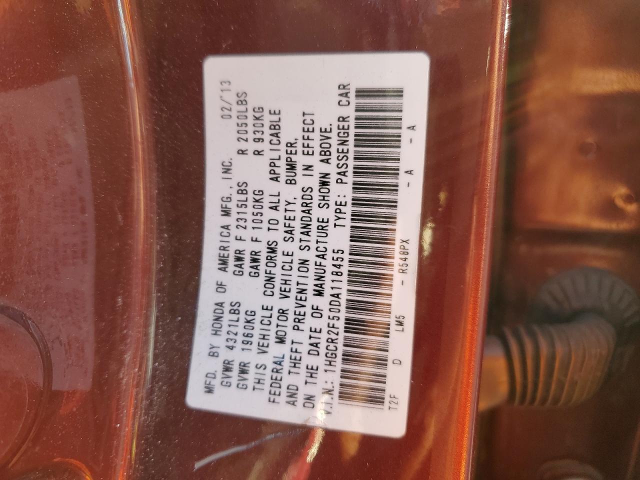 2013 Honda Accord VIN 1HGCR2F50DA118455 Copart auction photo, front end damage thumbnail 14