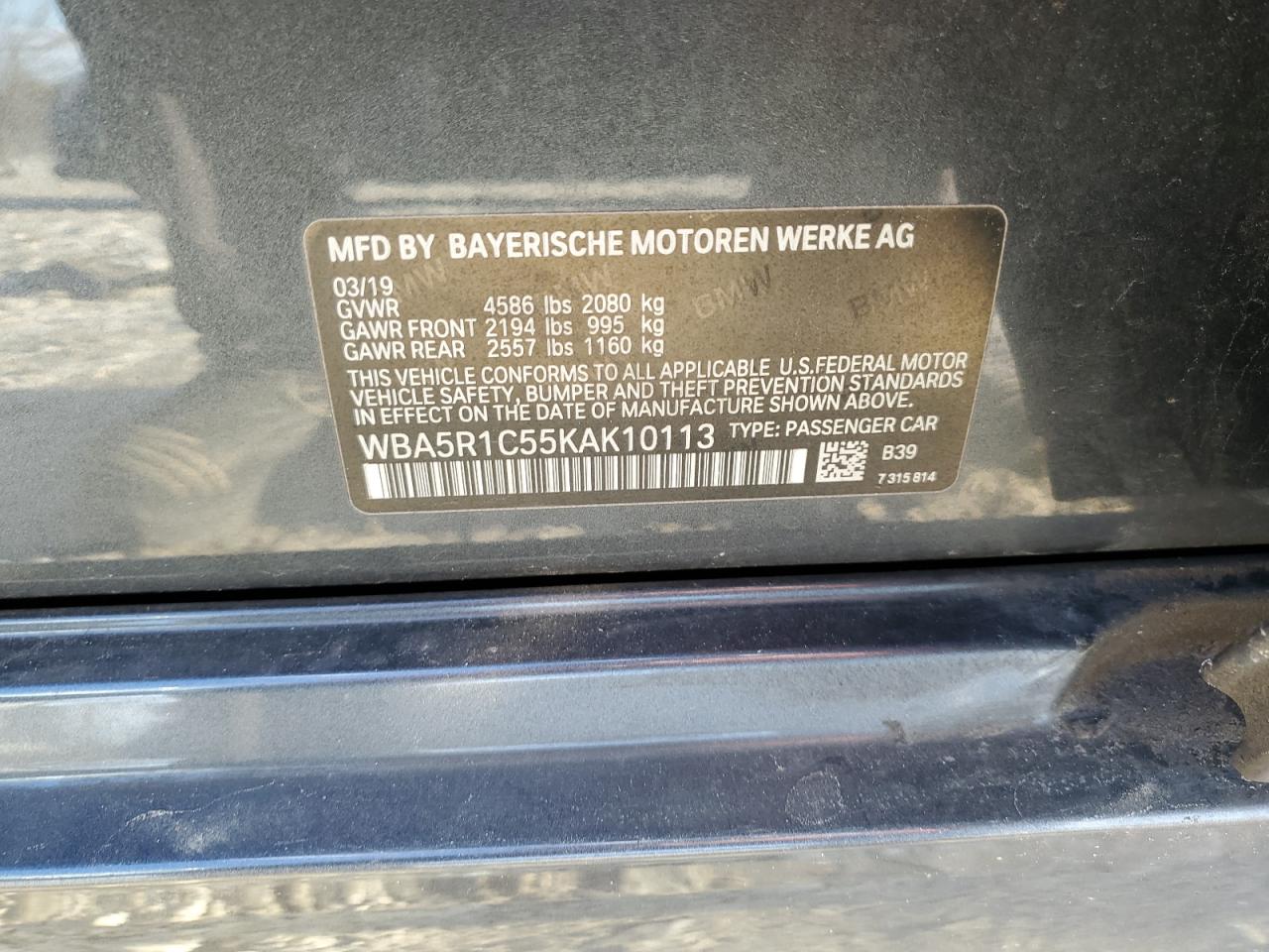 2019 BMW 3er VIN WBA5R1C55KAK10113 Copart auction photo, front end damage thumbnail 12