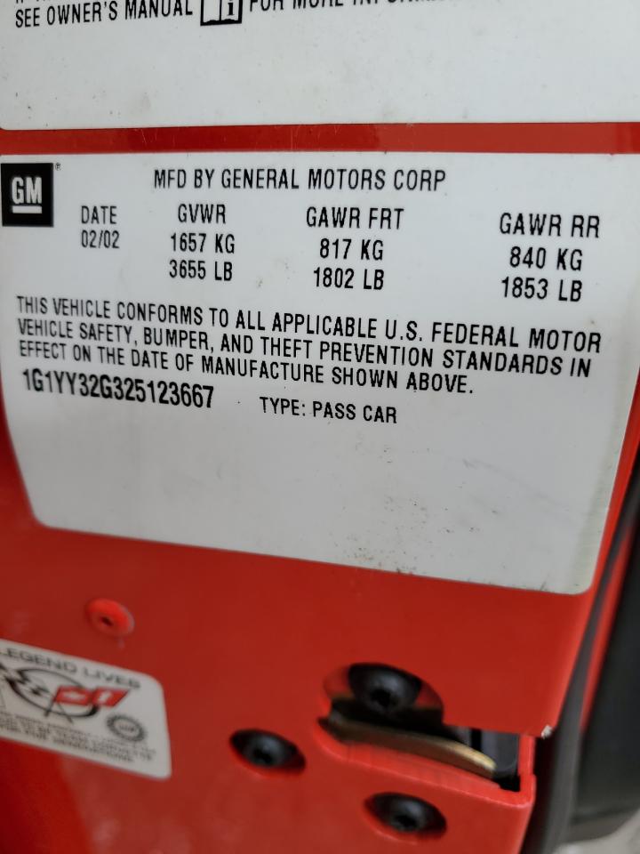 2002 Chevrolet Corvette VIN 1G1YY32G325123667 Copart auction photo, top/roof damage thumbnail 12