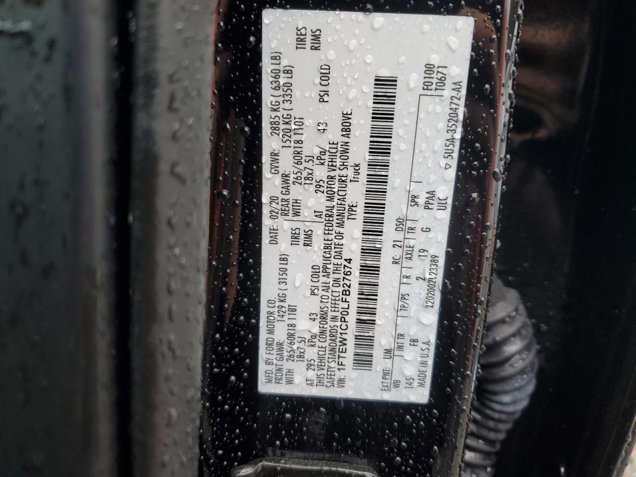 2020 Ford F-150 VIN 1FTEW1CP0LFB27674 Copart auction photo, water/flood / minor dent/scratches damage thumbnail 13