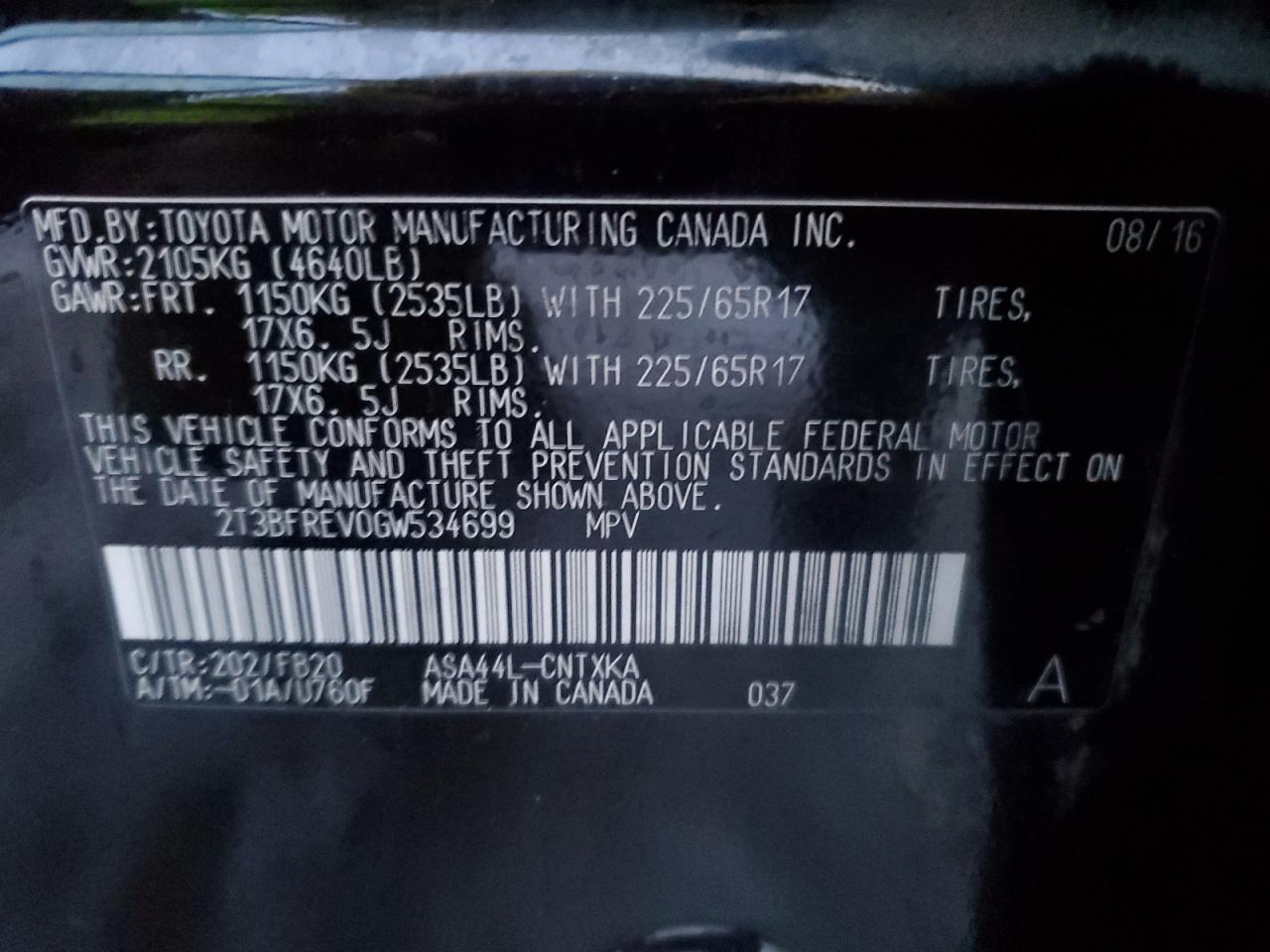 2016 Toyota RAV 4 VIN 2T3BFREV0GW534699 Copart auction photo, partial repair damage thumbnail 14