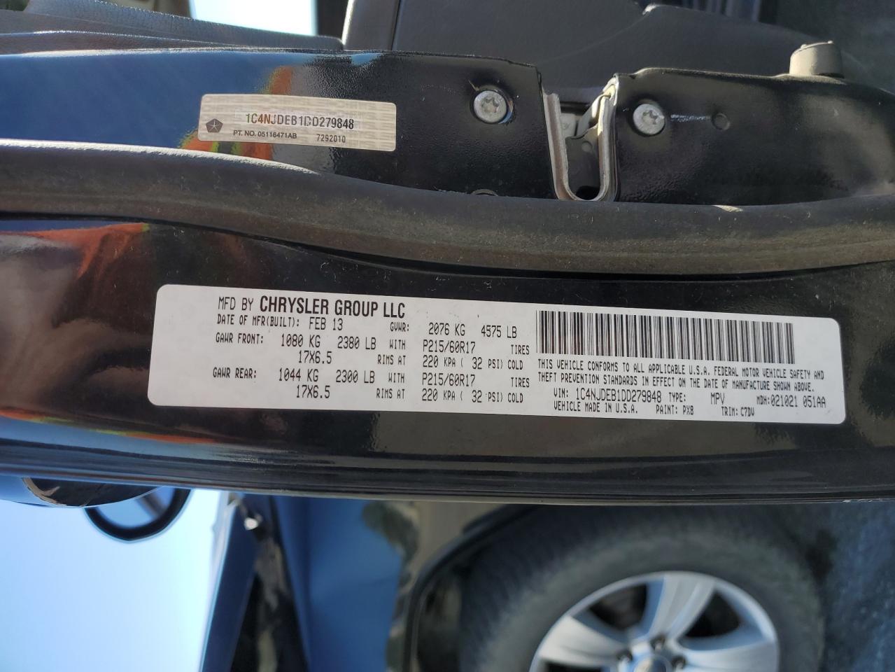 2013 Jeep Compass VIN 1C4NJDEB1DD279848 Copart auction photo, front end damage thumbnail 15
