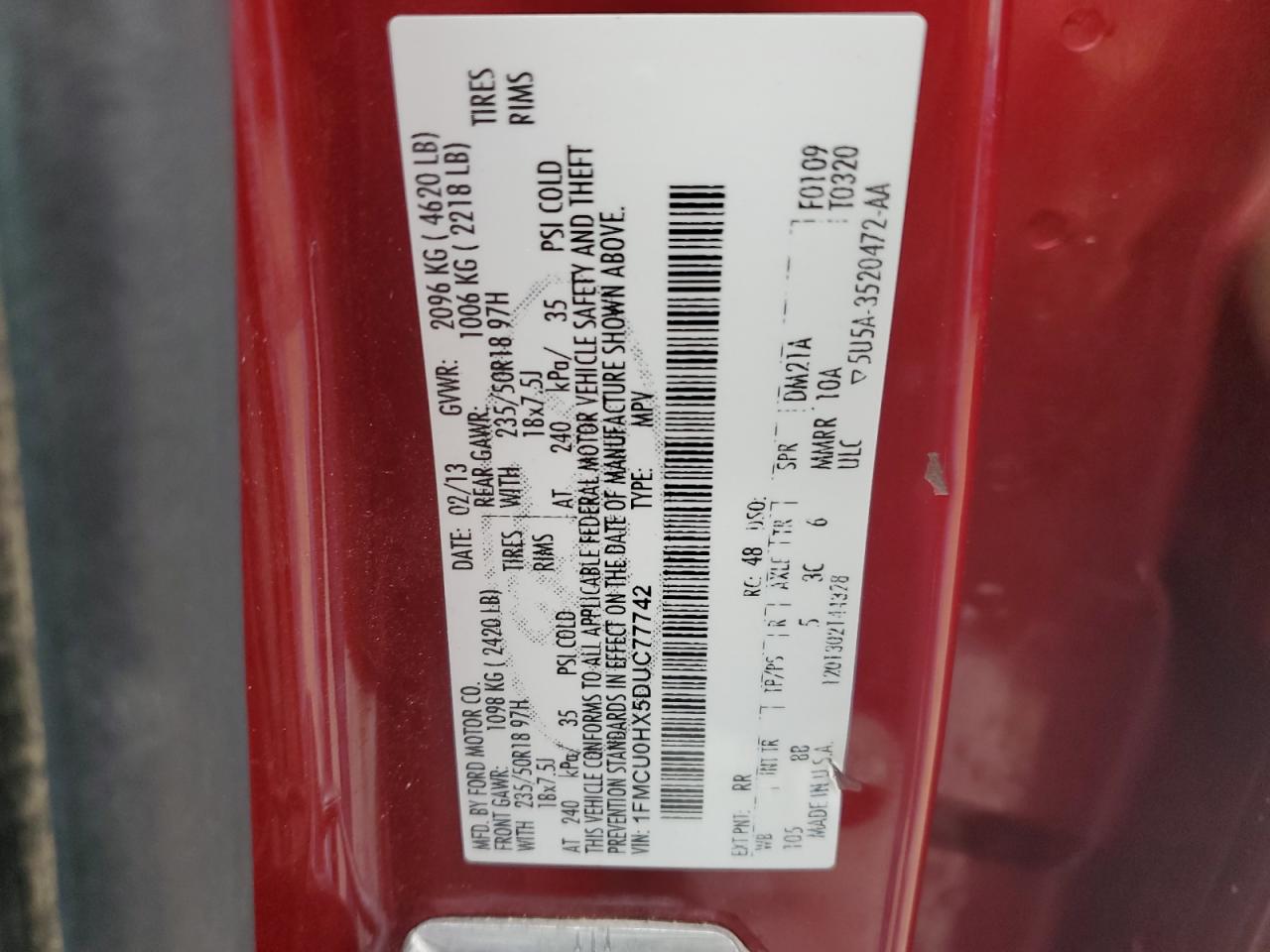 2013 Ford Escape VIN 1FMCU0HX5DUC77742 Copart auction photo, front end / side damage thumbnail 16