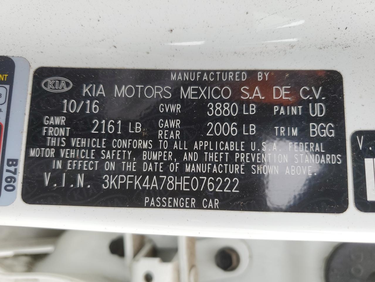 2017 KIA Forte VIN 3KPFK4A78HE076222 Copart auction photo, front end / side damage thumbnail 12