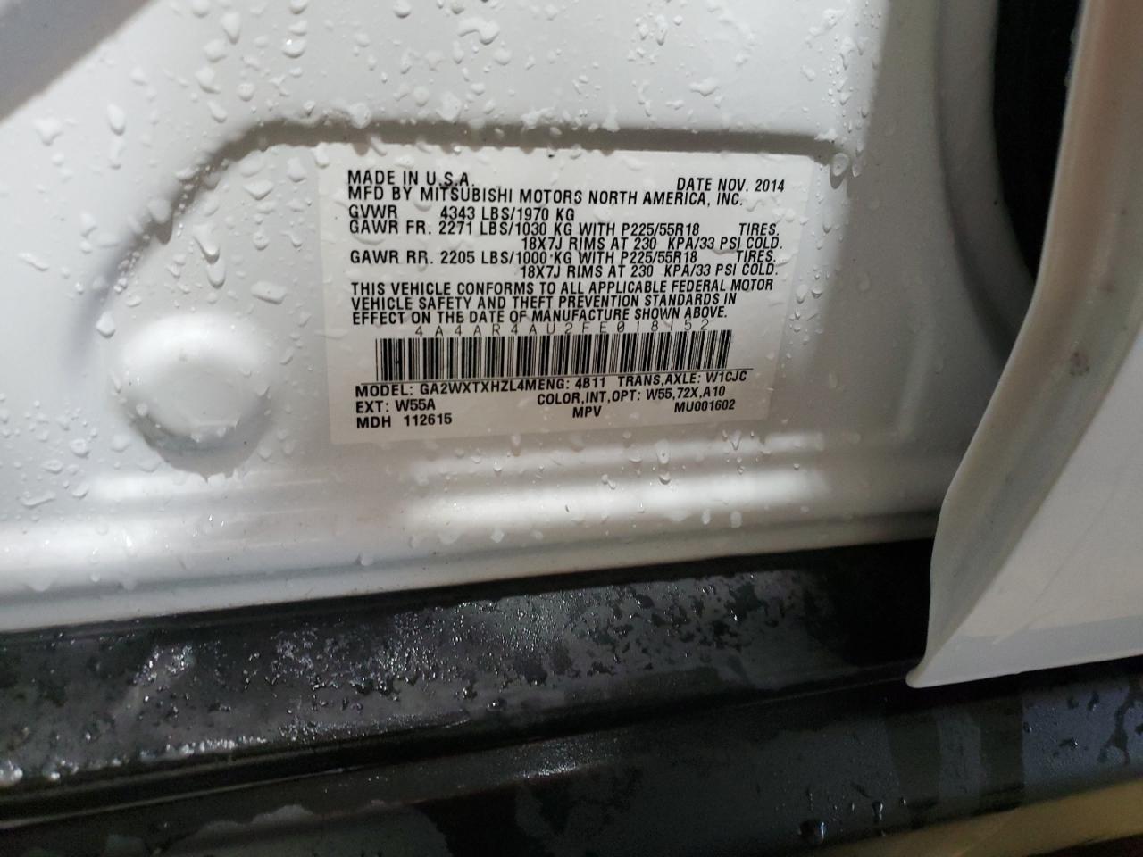 2015 Mitsubishi Outlander VIN 4A4AR4AU2FE018152 Copart auction photo, front end damage thumbnail 13
