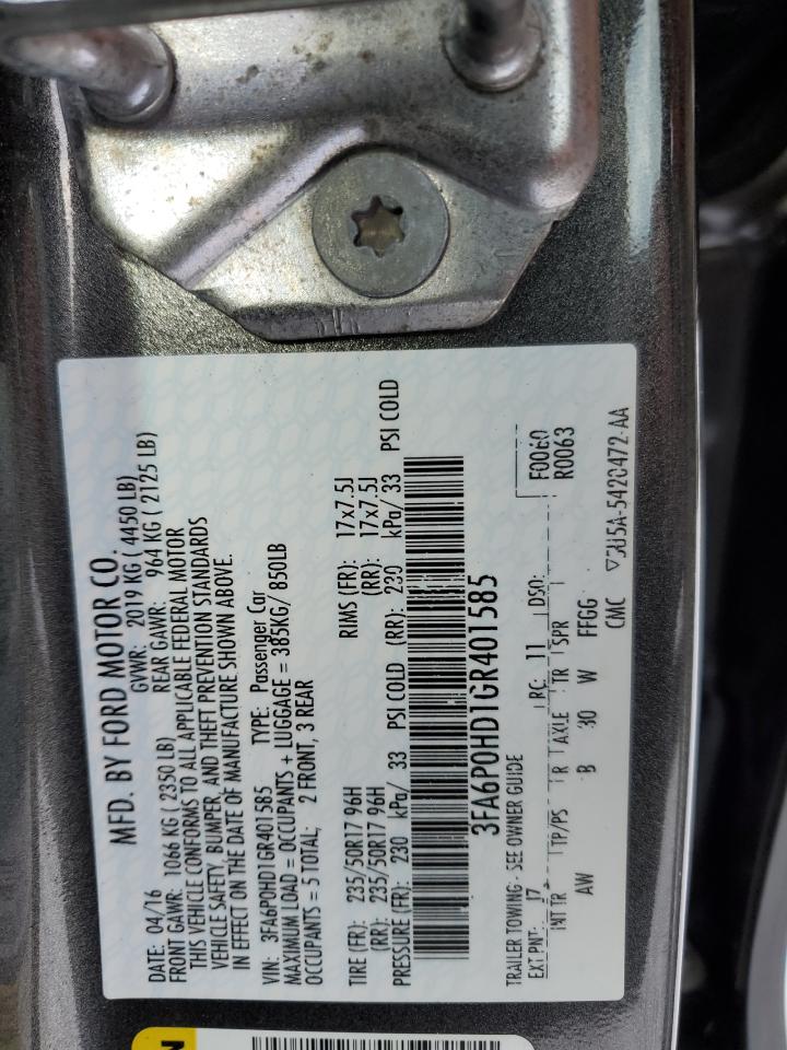 2016 Ford Fusion VIN 3FA6P0HD1GR401585 Copart auction photo, front end damage thumbnail 12