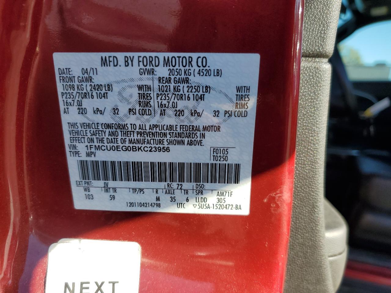 2011 Ford Escape VIN 1FMCU0EG0BKC23956 Copart auction photo, side damage thumbnail 13