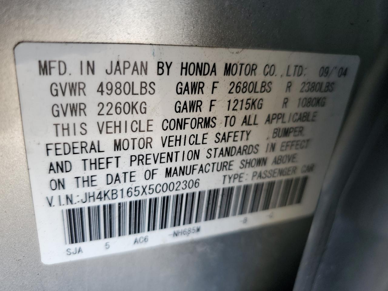2005 Acura RL VIN JH4KB165X5C002306 Copart auction photo, front end / rear end damage thumbnail 12