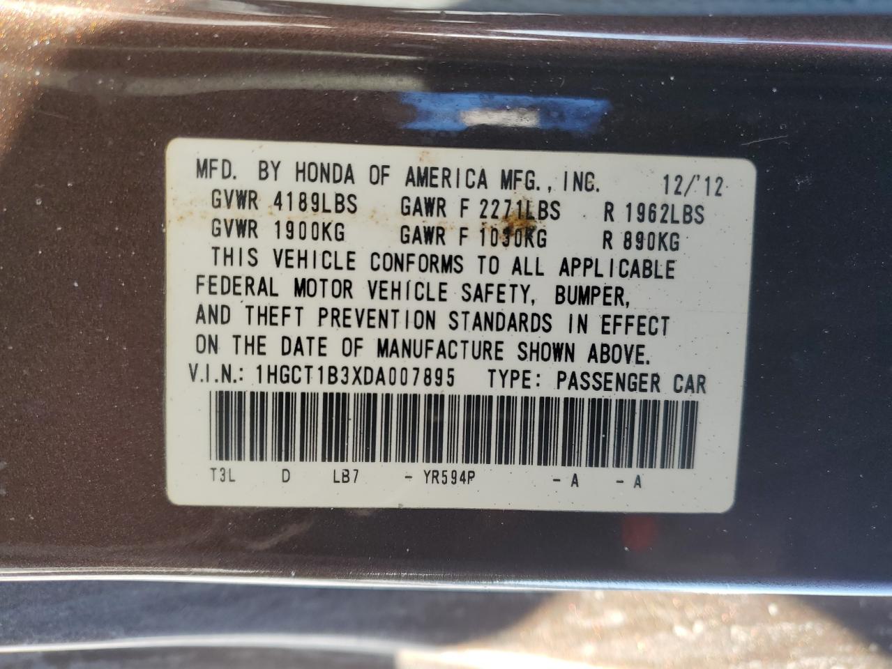 2013 Honda Accord VIN 1HGCT1B3XDA007895 Copart auction photo, front end / rear end damage thumbnail 12