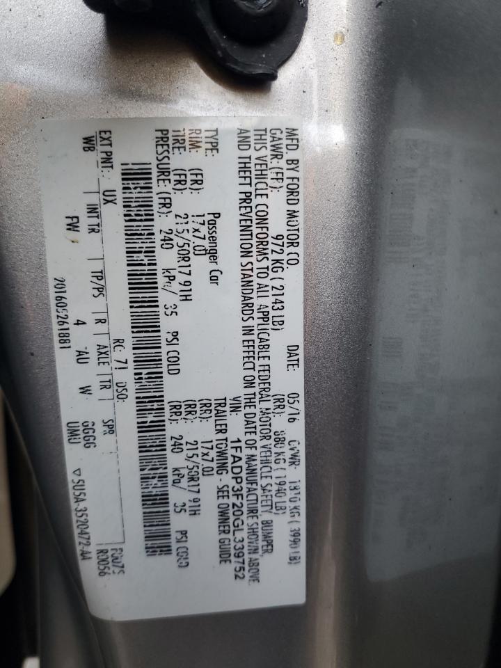 2016 Ford Focus VIN 1FADP3F20GL339752 Copart auction photo, front end damage thumbnail 12