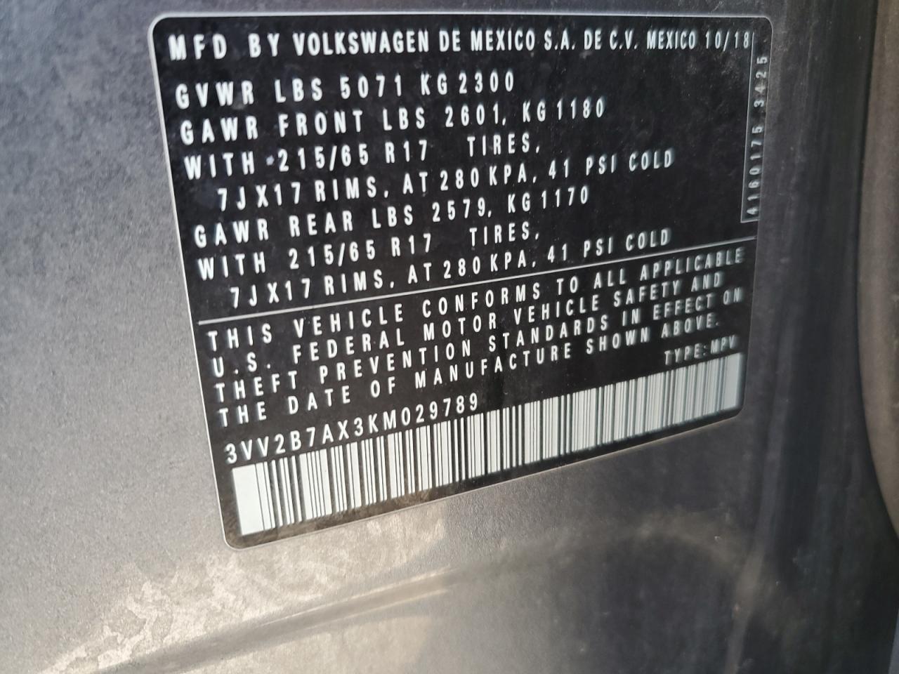 2019 Volkswagen Tiguan VIN 3VV2B7AX3KM029789 Copart auction photo, side damage thumbnail 12