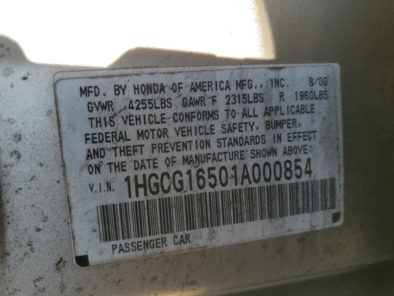 2001 Honda Accord VIN 1HGCG16501A000854 Copart auction photo, front end / rear end damage thumbnail 14