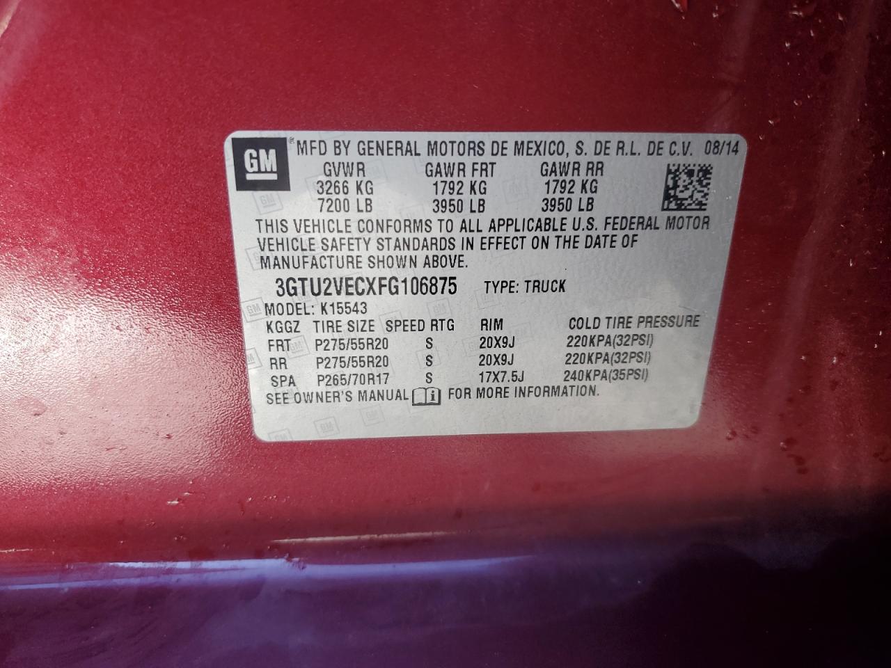 2015 GMC Sierra VIN 3GTU2VECXFG106875 Copart auction photo, rear end / front end damage thumbnail 12