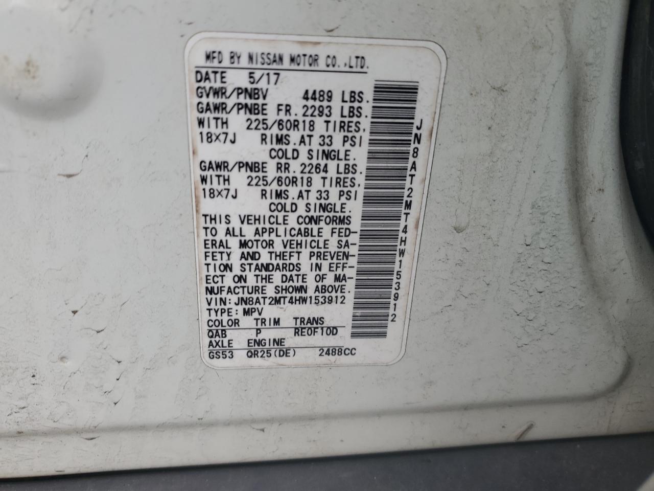2017 Nissan Rogue VIN JN8AT2MT4HW153912 Copart auction photo, front end damage thumbnail 13