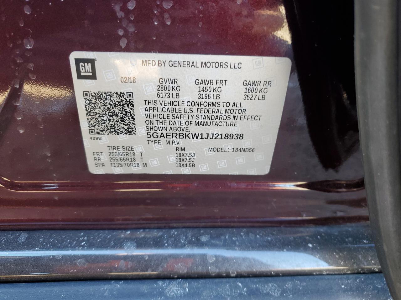 2018 Buick Enclave VIN 5GAERBKW1JJ218938 Copart auction photo, rear end damage thumbnail 14