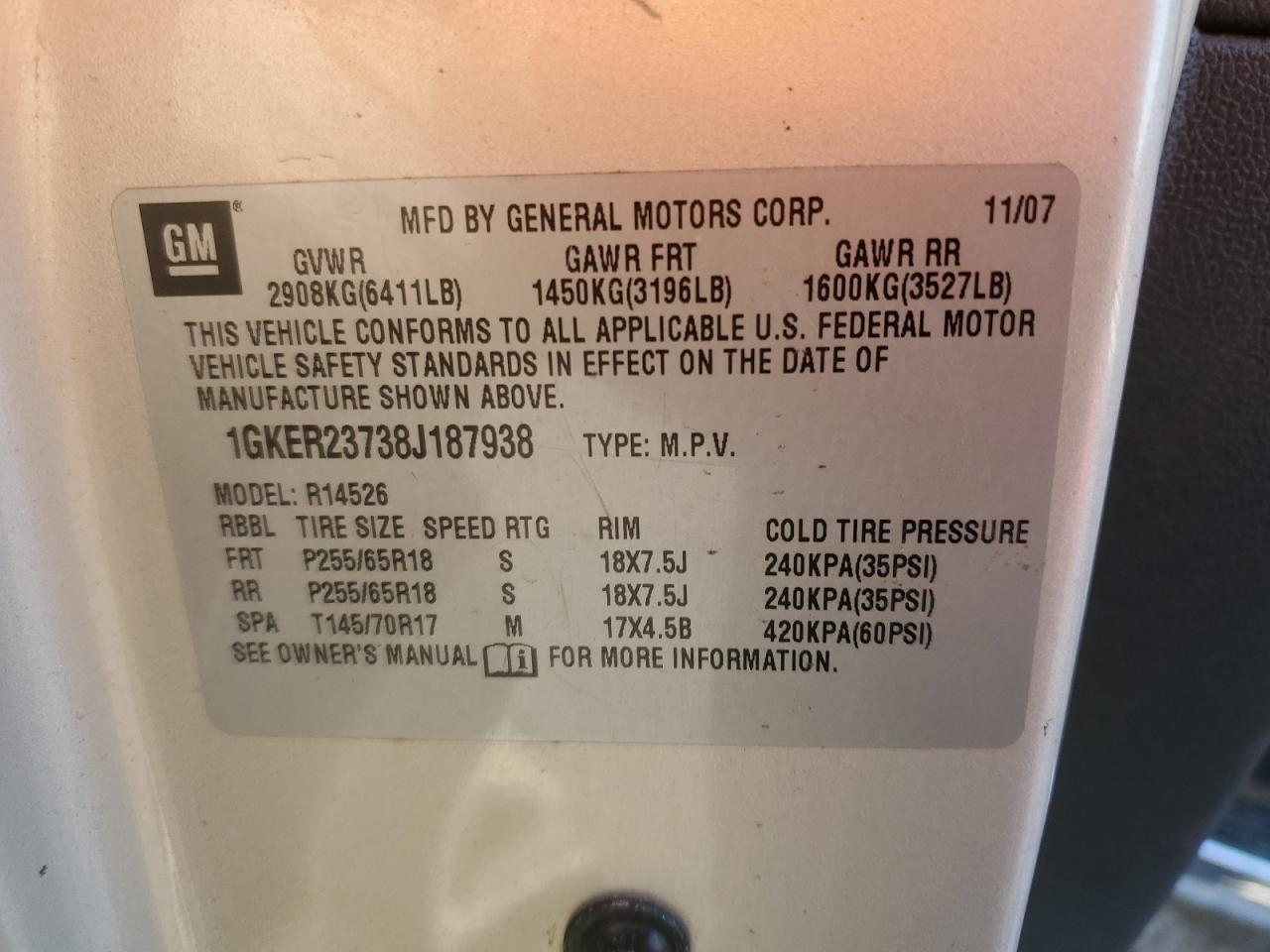 2008 GMC Acadia VIN 1GKER23738J187938 Copart auction photo, rear end damage thumbnail 13