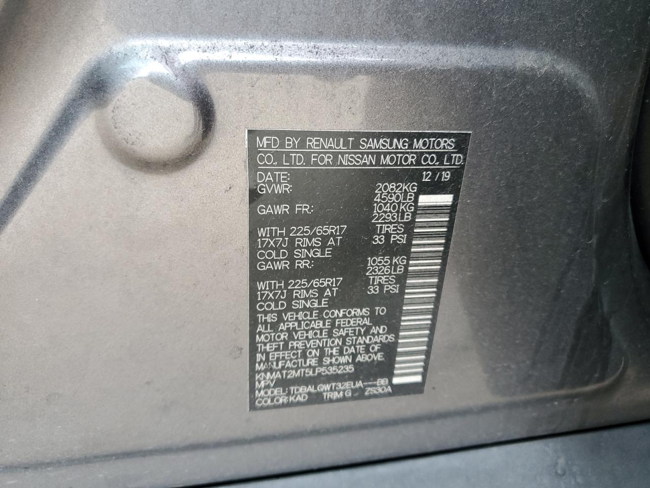 2020 Nissan Rogue VIN KNMAT2MT5LP535235 Copart auction photo, front end / minor dent/scratches damage thumbnail 14