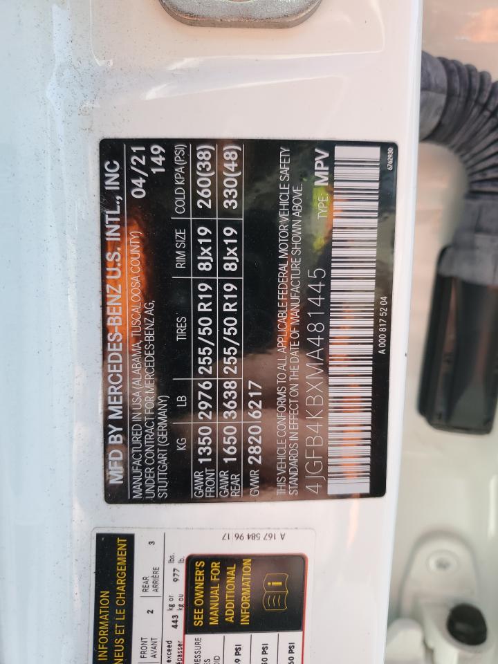 2021 Mercedes-Benz GLE VIN 4JGFB4KBXMA481445 Copart auction photo, rear end / minor dent/scratches damage thumbnail 14