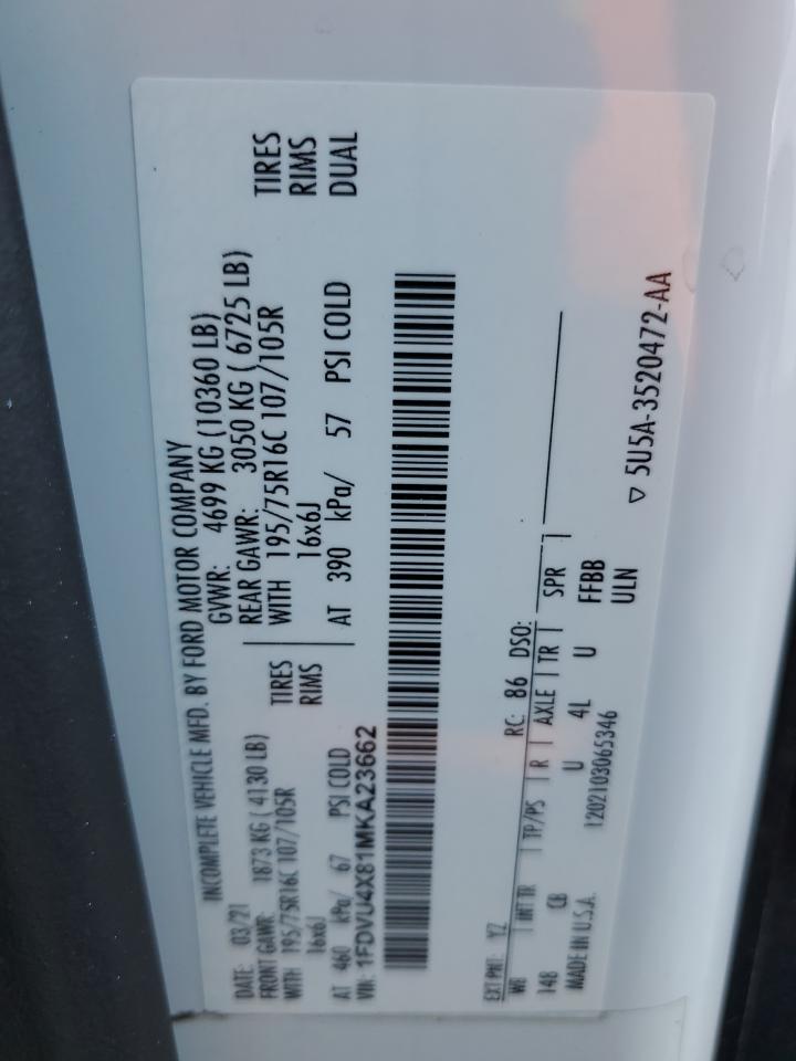 2021 Ford Transit VIN 1FDVU4X81MKA23662 Copart auction photo, minor dent/scratches damage thumbnail 13