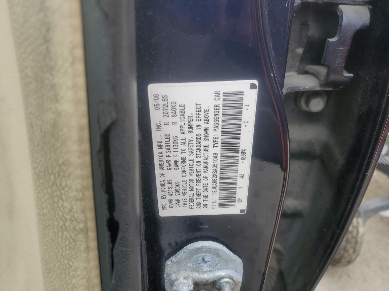 2006 Acura TL VIN 19UUA662X6A051049 Copart auction photo, minor dent/scratches damage thumbnail 12